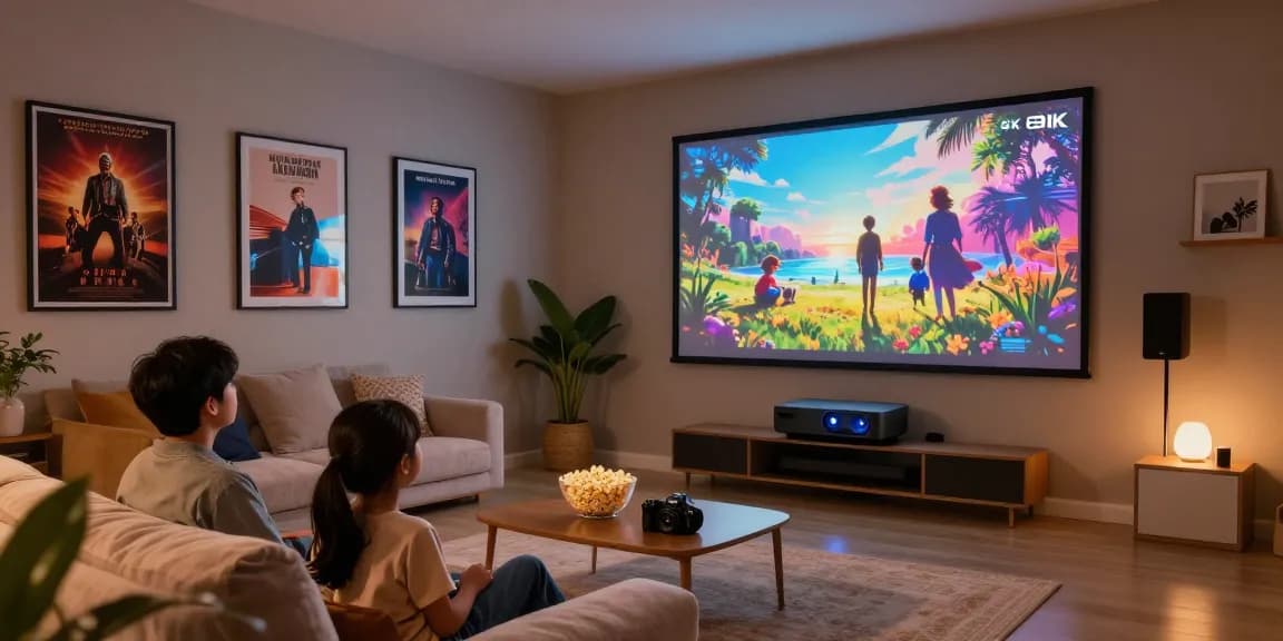 Family movie night in a cozy living room featuring the best projector 2026 with vibrant visuals and plush seating.