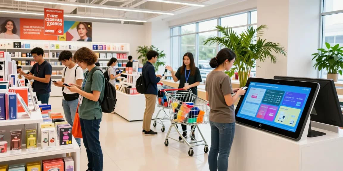 Koiaminos.com/catalog showcases a vibrant e-commerce shopping scene with customers exploring various products and digital catalogs.
