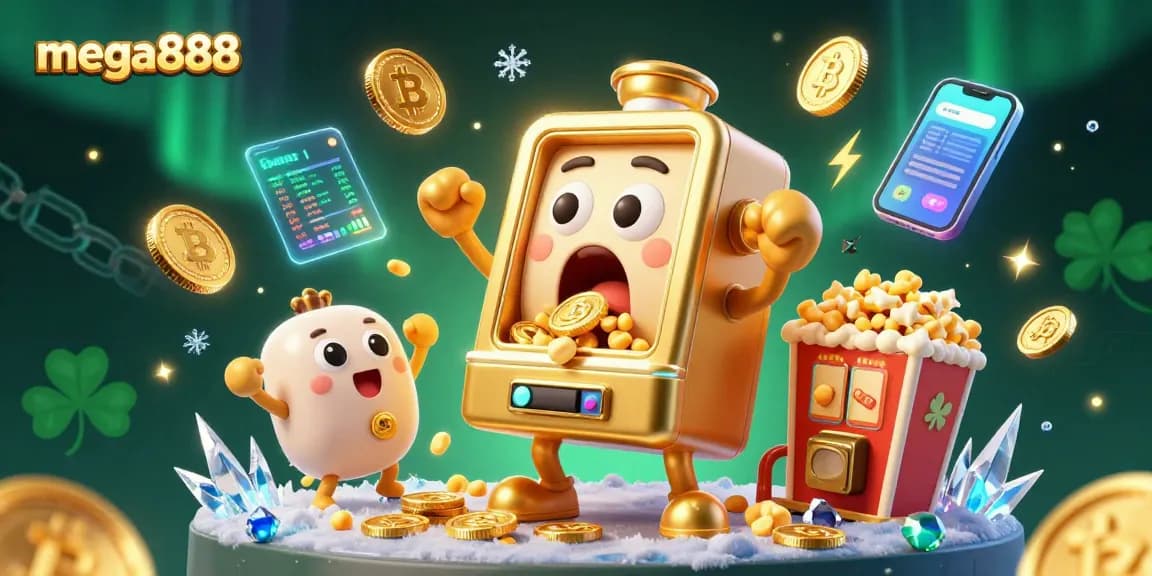 Experience mega888 excitement as golden slot machines celebrate a jackpot amidst floating crypto coins and lively decorations.