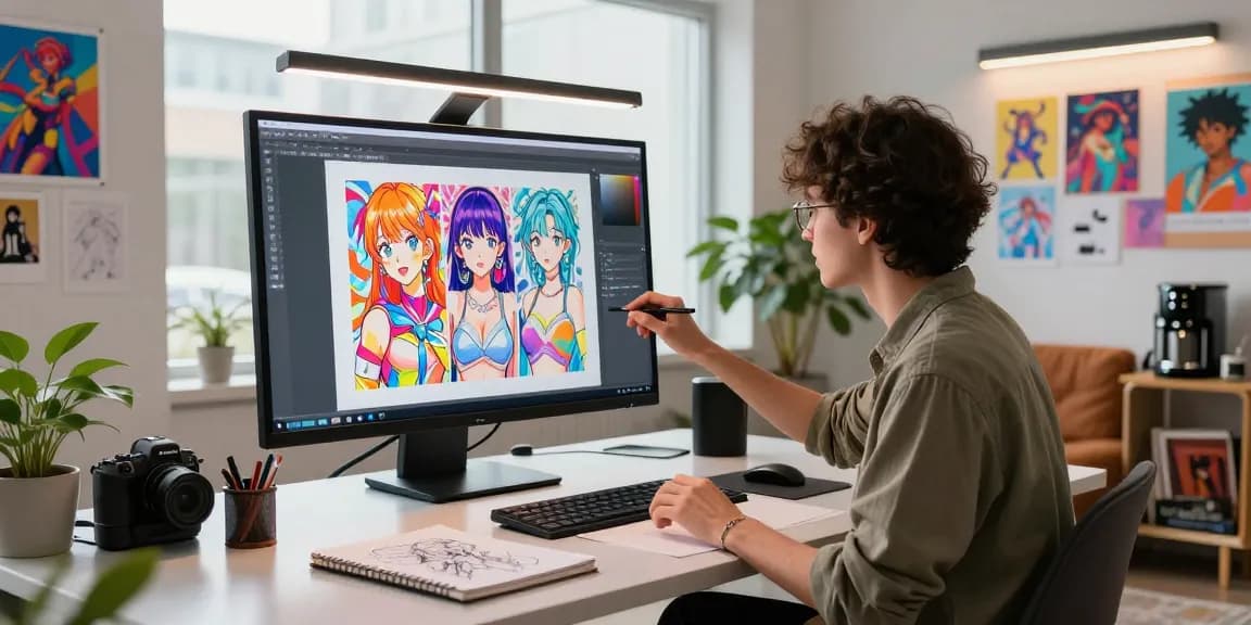 Artist creating vibrant ecchi ai art in a modern studio with advanced technology.