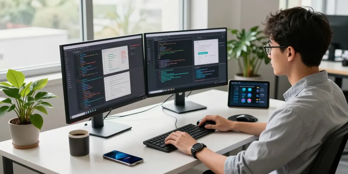 WhatsApp下載 in a modern tech workspace showing a developer coding on dual monitors