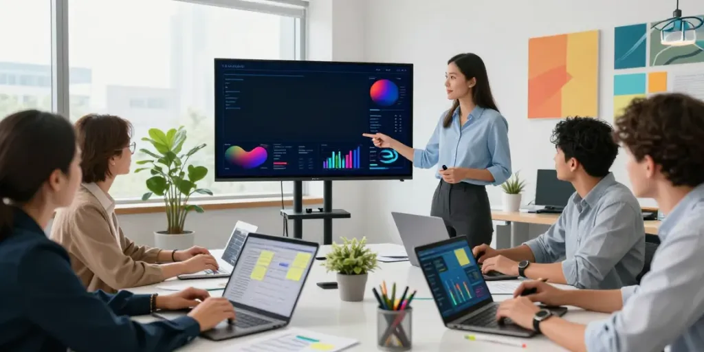 Professionals collaborating to discover more here in a dynamic office setting, showcasing teamwork and innovation.