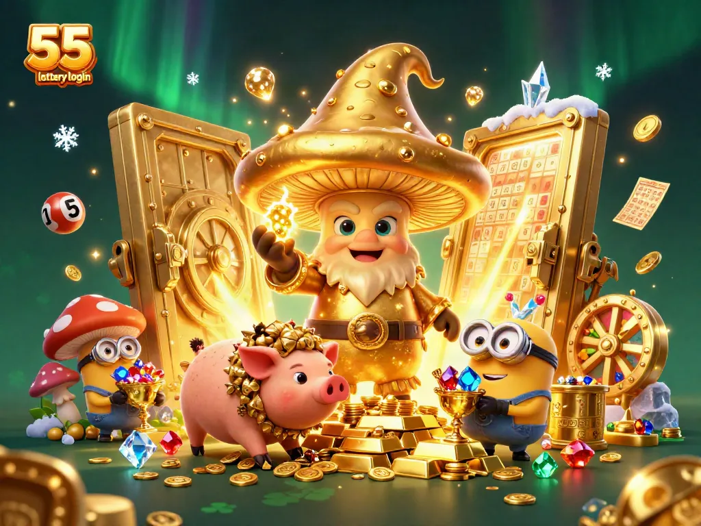 Engage with thrilling 55 lottery login visuals featuring enchanted characters and glowing treasures in a magical scene.