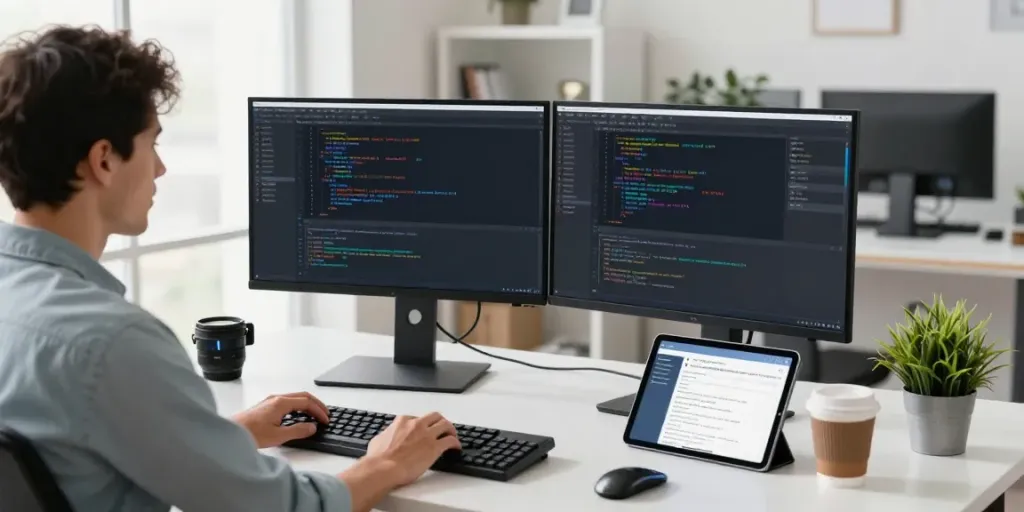Developer utilizing instant indexing tools at a modern workspace with coding screens.