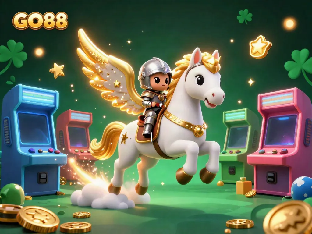 Experience the exciting world of GO88 with stunning visuals of a celestial horse, game elements, and vibrant action.