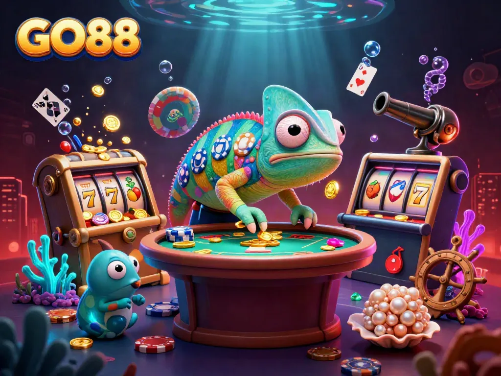 Experience GO88's vibrant casino universe featuring a colorful chameleon and dynamic gaming elements.