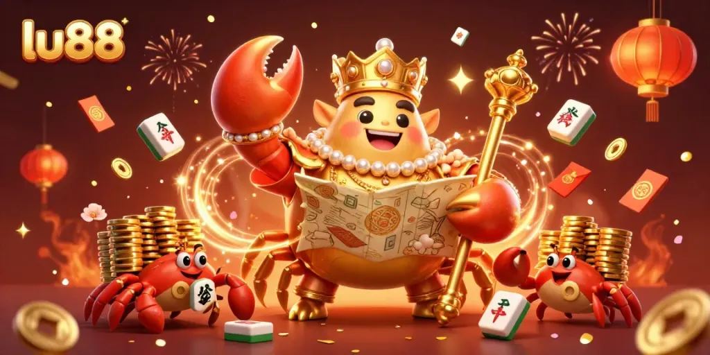 Join the thrilling action at lu88 with an extravagant 3D illustration featuring a golden crab emperor amidst festive casino elements.