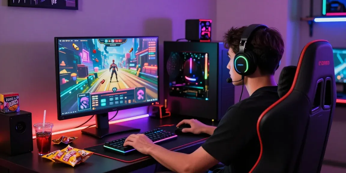 Engaging player enjoying an html porn game in a vibrant gaming setup with colorful ambient lighting.