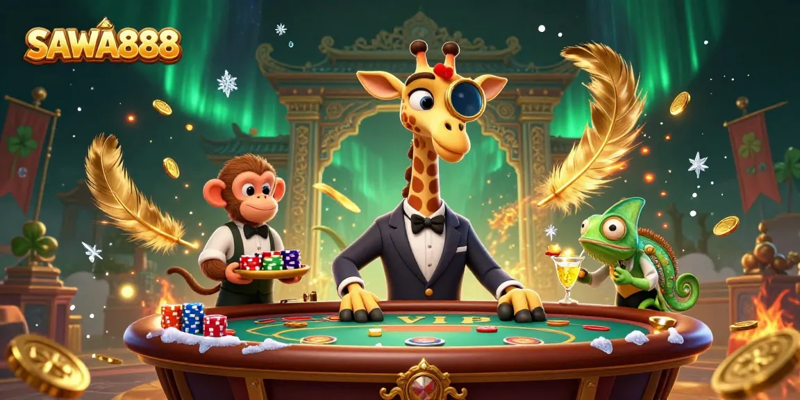Players explore the vibrant world of SAWA888, celebrating big wins with slots and golden coins.