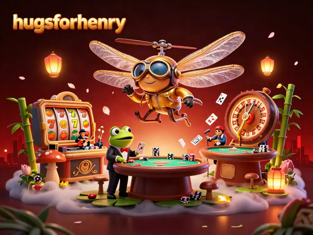 Engage with hugsforhenry in this vibrant casino scene featuring whimsical characters and immersive gaming elements.