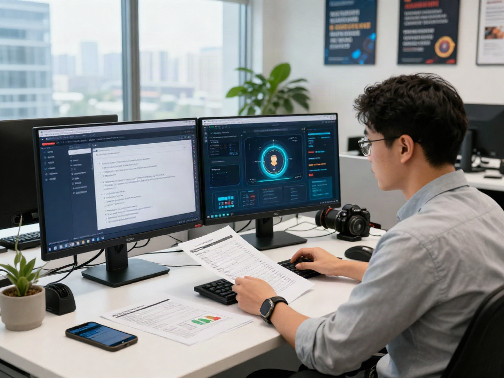 Focused analyst reviewing online gambling verification processes at 토토사이트 검증 먹튀스팟 in a modern office