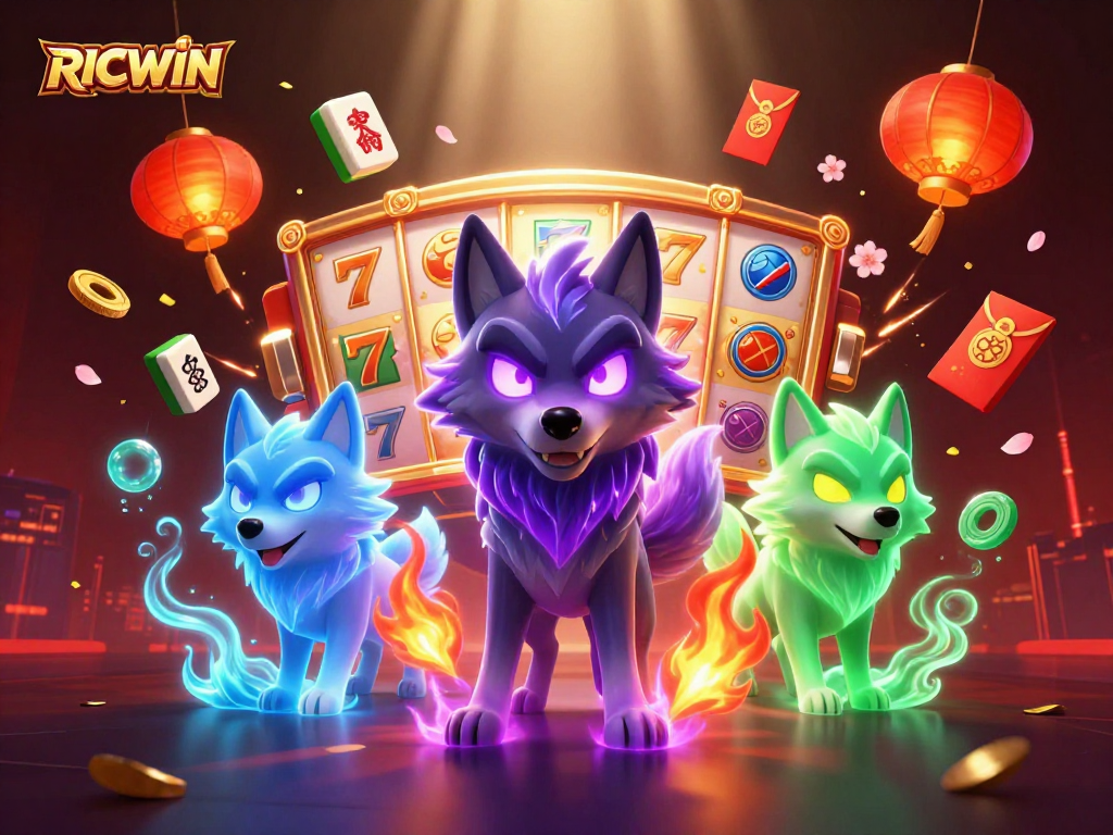 Experience RICWIN's thrilling slot reels amidst ghostly wolves and vibrant casino ambiance.