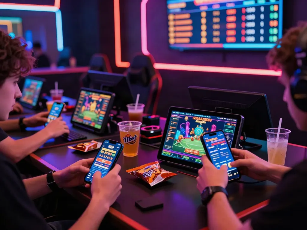 Engaged players exploring betting options on their devices at http://11bet-app.net/ in a vibrant digital gaming environment.