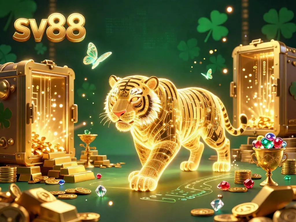Experience the vibrant gambling world of sv88, featuring a neon golden tiger in a lush casino landscape.