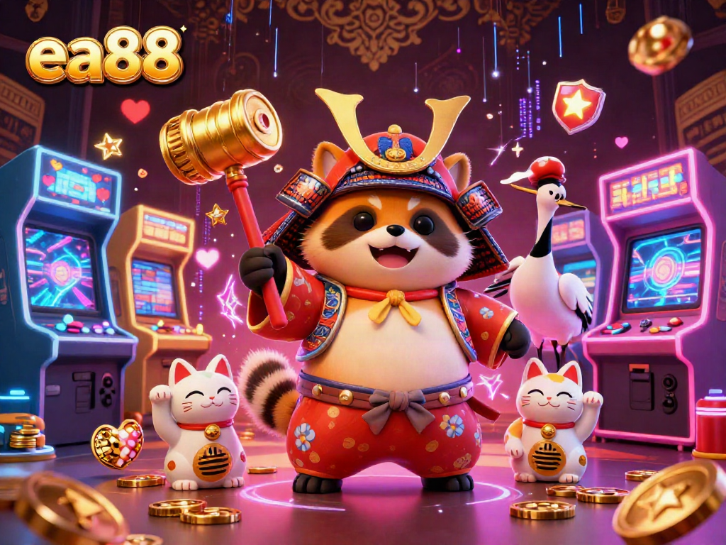 Experience the excitement of ea88 casino with a cheerful tanuki and lucky elements in a vibrant digital illustration.