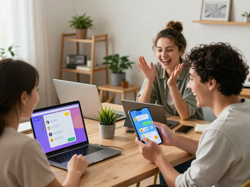 Engaging users in a cozy home setting enjoying sex chat AI interactions on various devices.