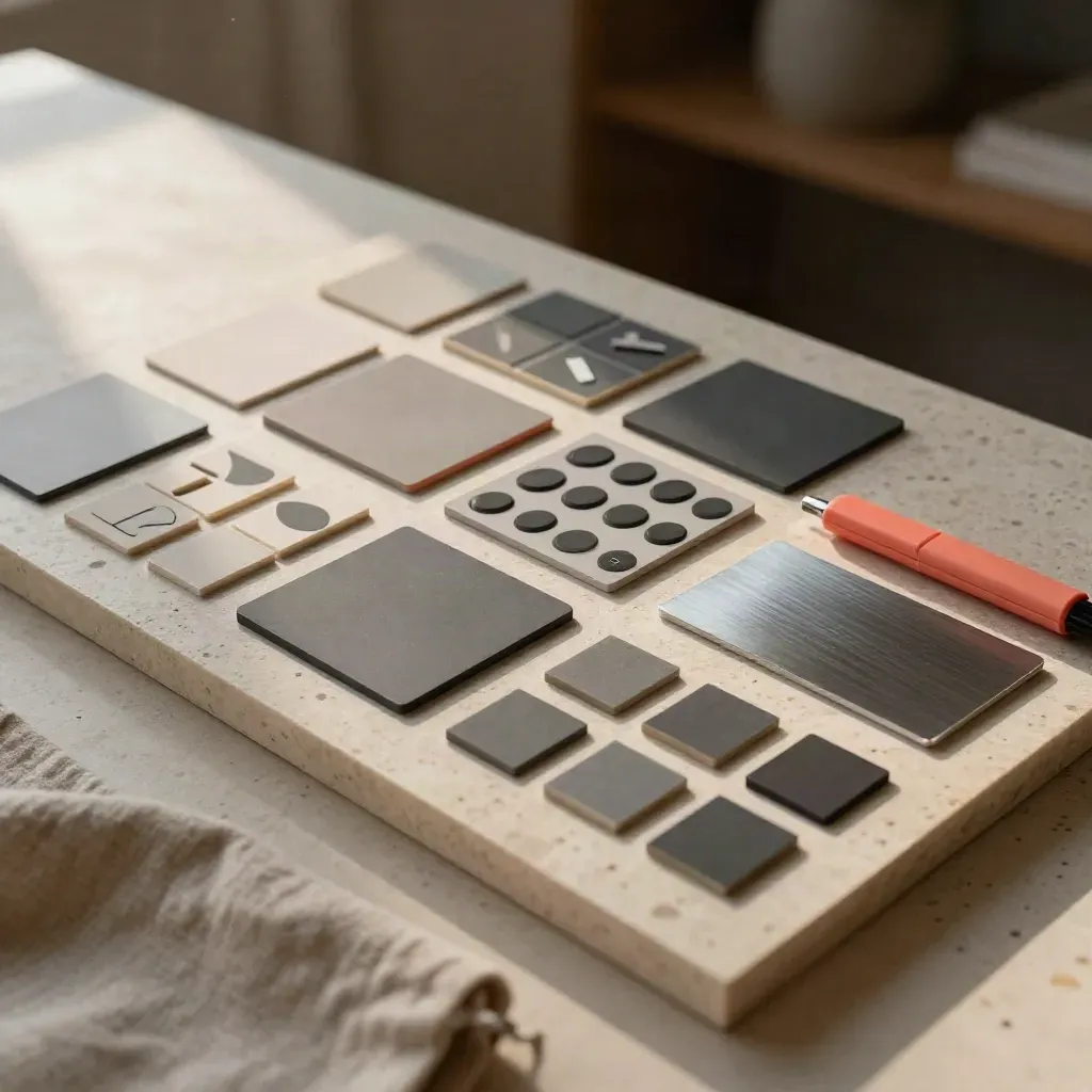 Travertine flat lay of colour chips, icon tiles, grid cards and finish samples for visual identity systems.