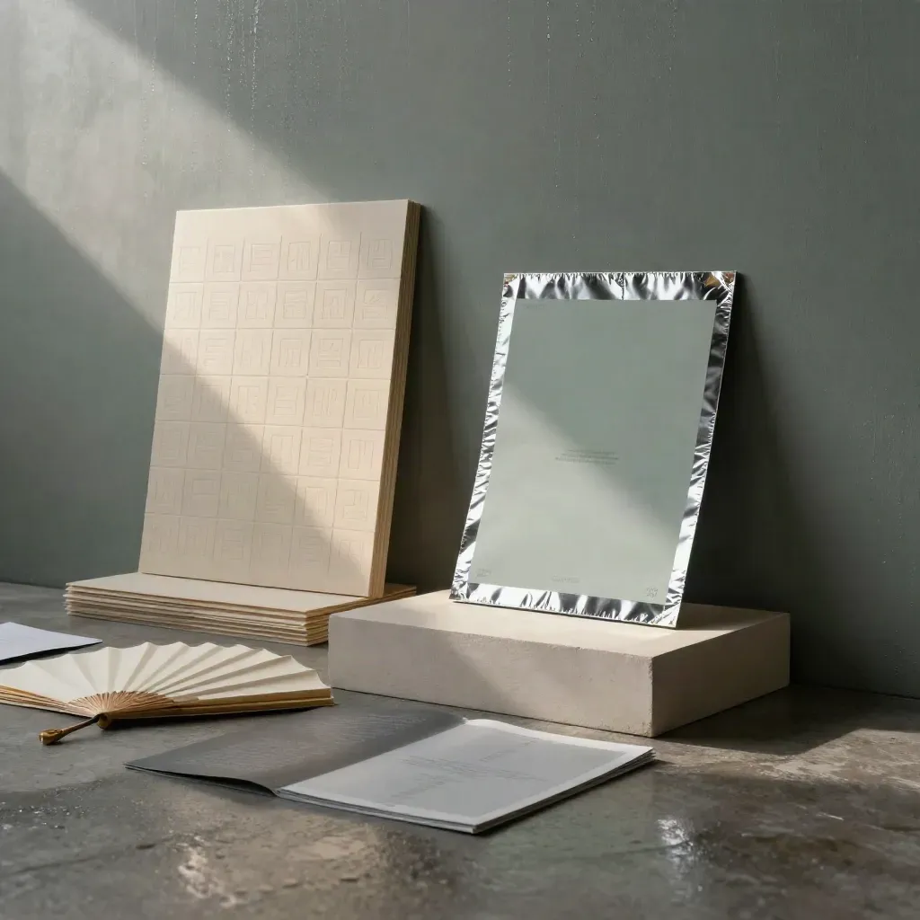 Cream branding boards, embossed tiles and foil mockup in dawn haze on a studio floor.
