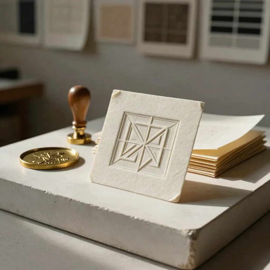Embossed geometric brand mark on ivory cotton cards beside brass tools on a plaster plinth.