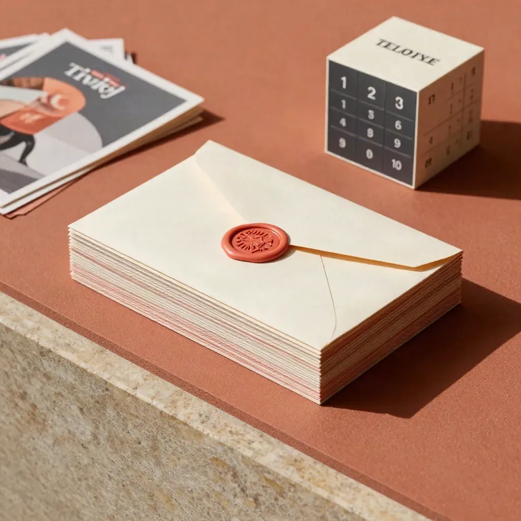 Campaign print cards, sealed envelope and schedule cube sliding into a neat launch stack.
