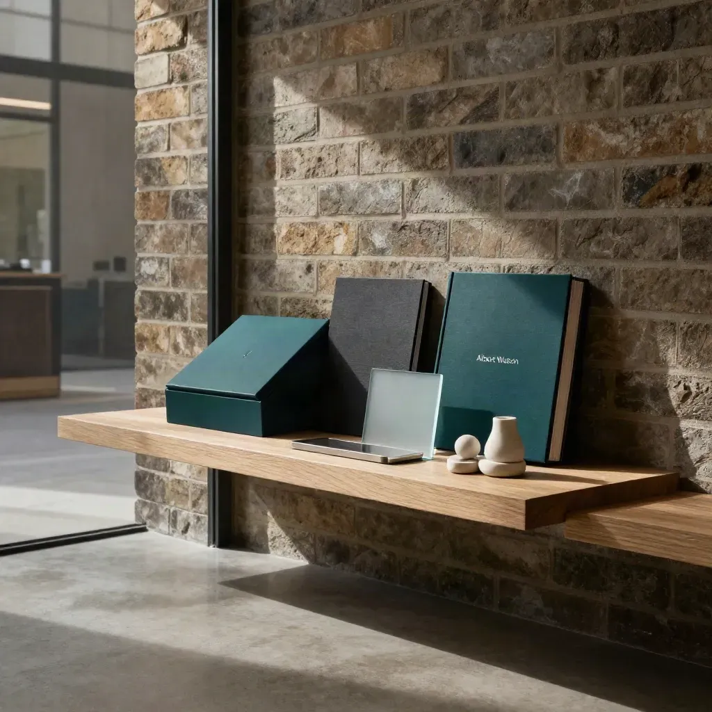 Glazed-brick London office corner with teal presentation box, closed deck, and launch shelf.