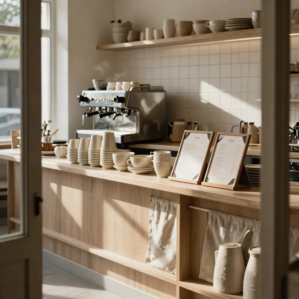 Warm café counter with matching sleeves, cups, menu frames, espresso machine, and tile wall
