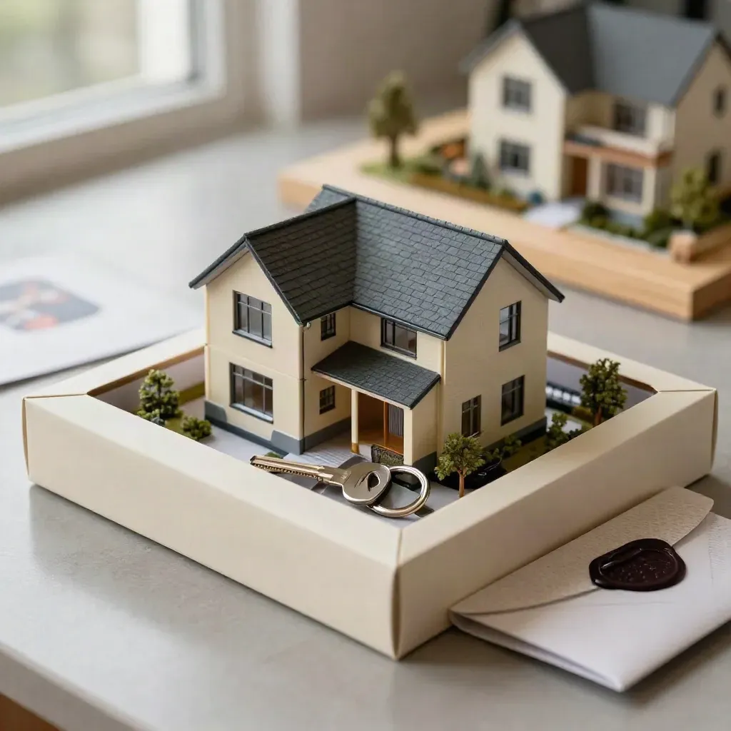 Macro of a show-home model with brochure box, keyring and sealed campaign envelope on pale oak.