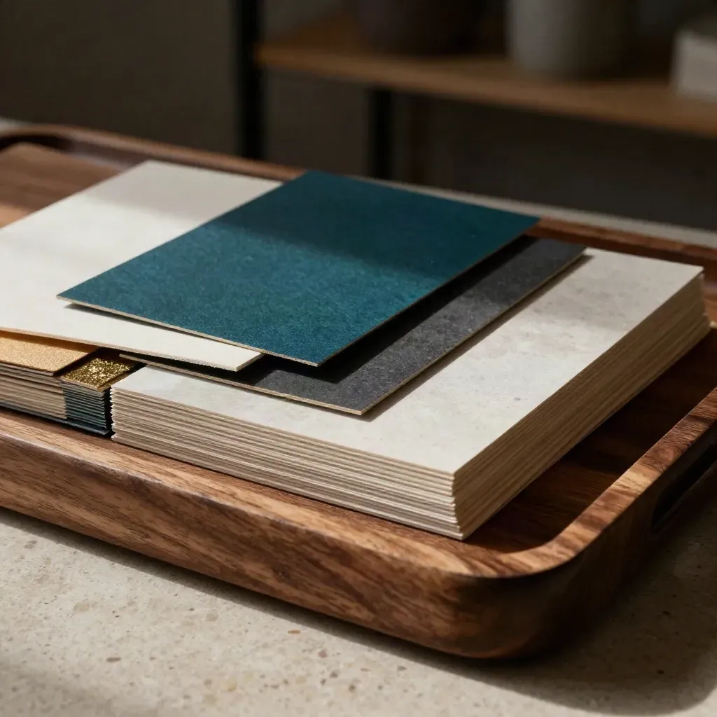 Walnut brand board with swatches, foil chips, and deep teal palette on travertine
