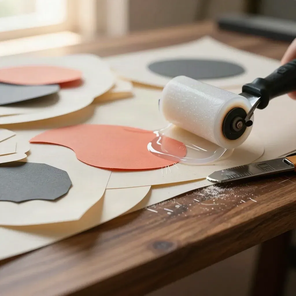 Macro still life of a paper maquette with glue roller, knife sheath and cut-paper shapes.
