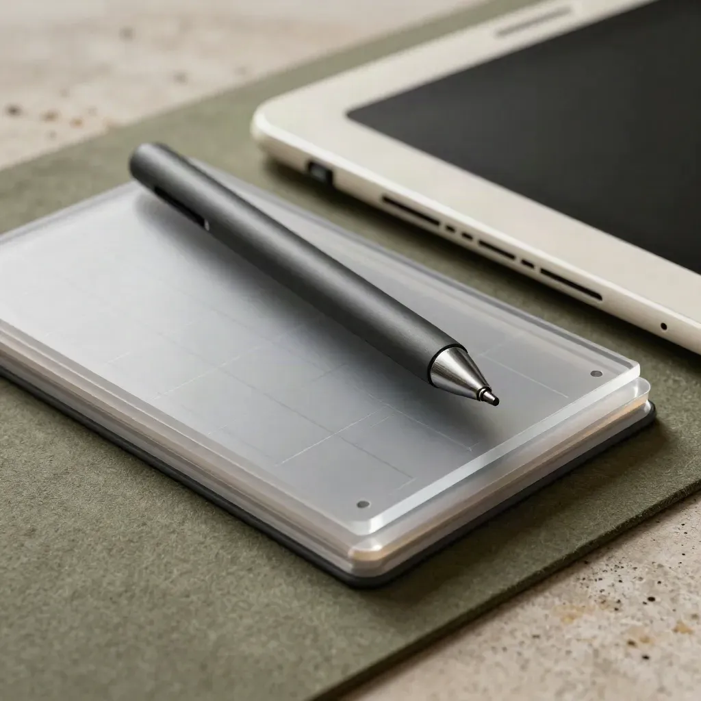 Macro of transparent layout sheets, grid cards, stylus and tablet stand on a felt studio surface.