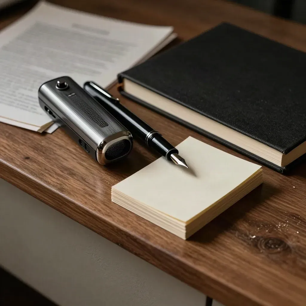 Voice recorder, fountain pen, card stack and black notebook in dramatic studio light.