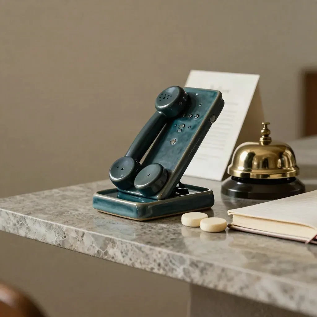Matte teal phone cradle, brass bell and appointment chips on stone with a blurred notebook.