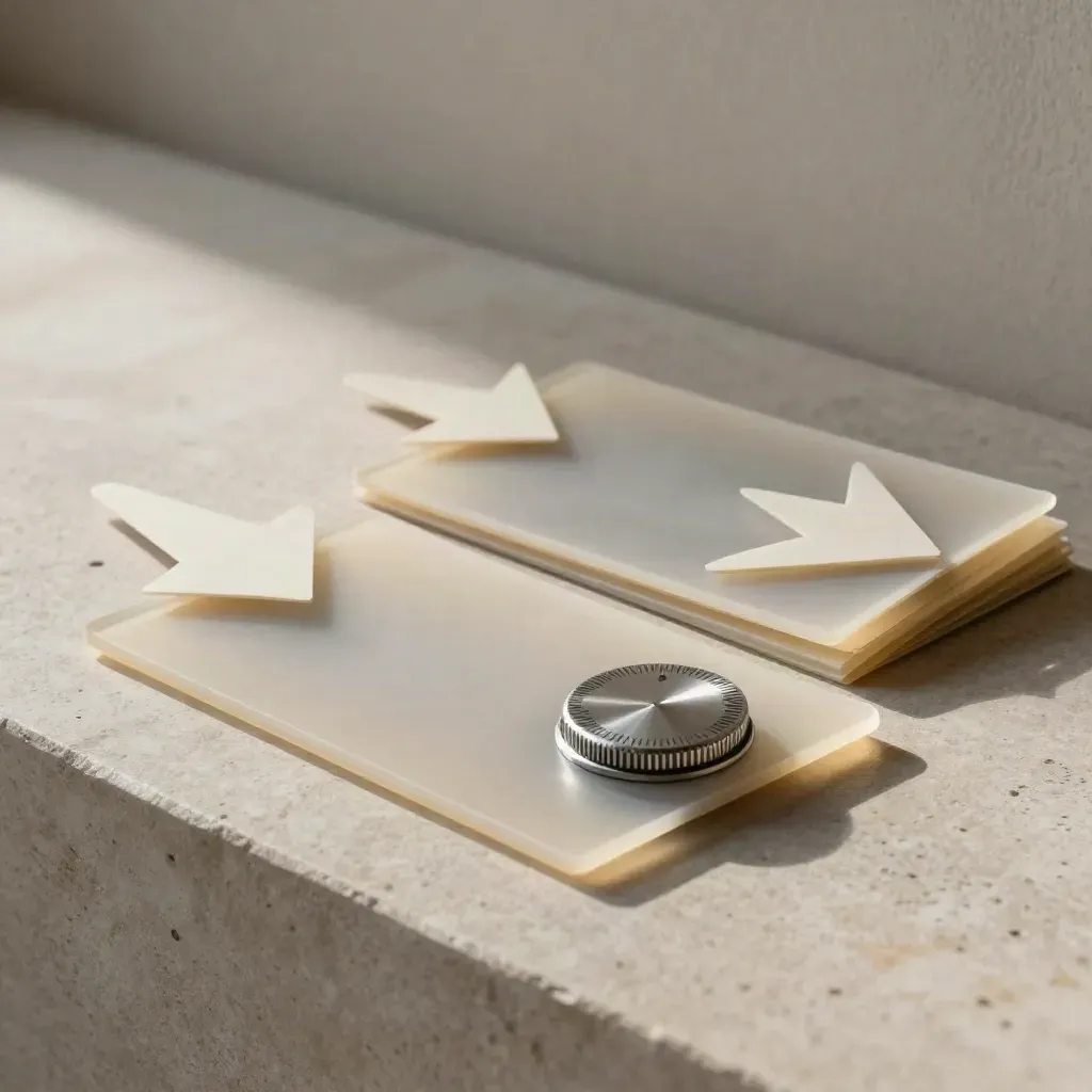 Acetate route cards, a metal dial, and paper arrows on pale stone, shot low and angled.