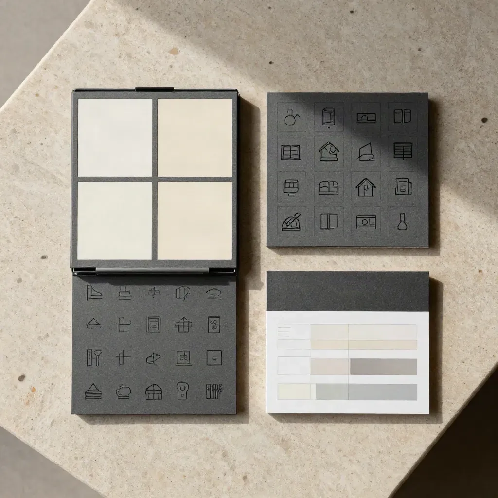 Overhead flatlay of brand system pieces on limestone: swatch case, chips, layout blocks, icon tiles.