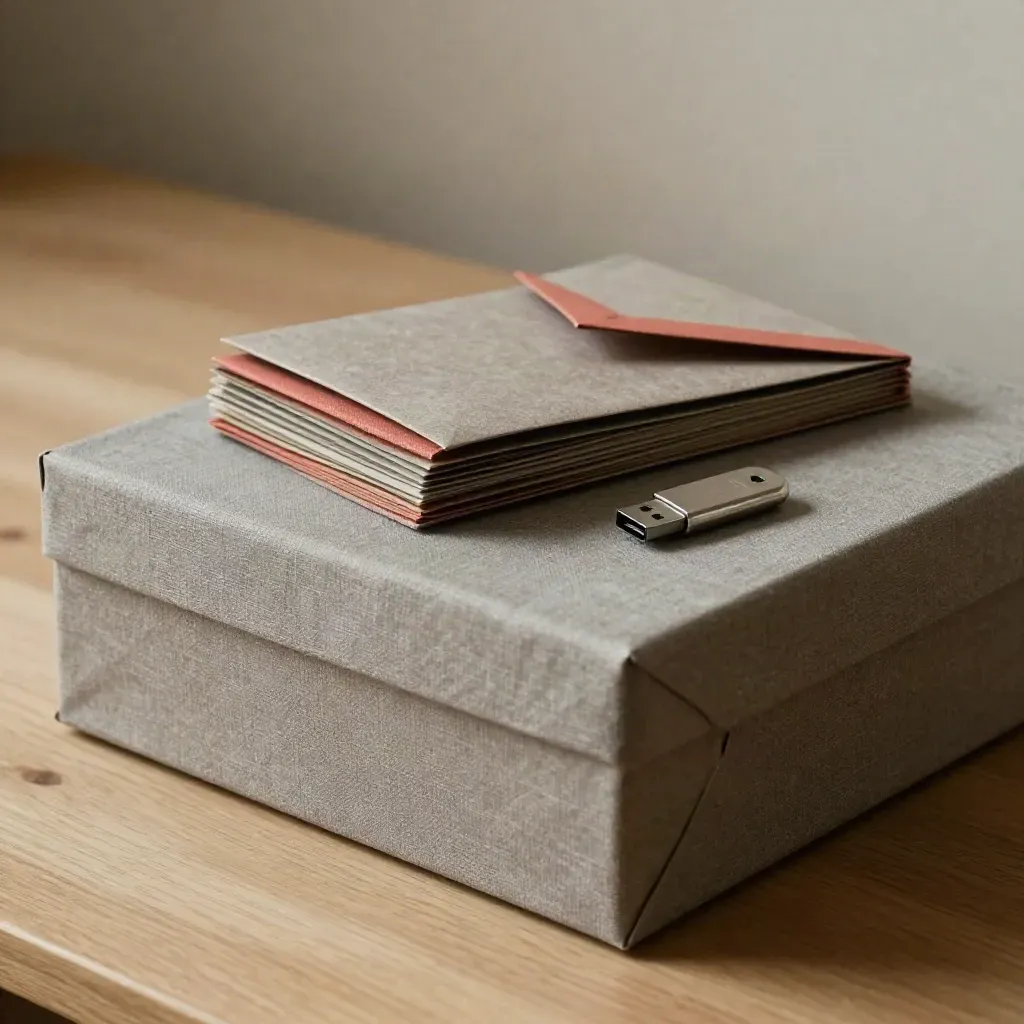 Closed asset box, tabbed bundle, sealed pouch and USB key on pale oak with coral accents.