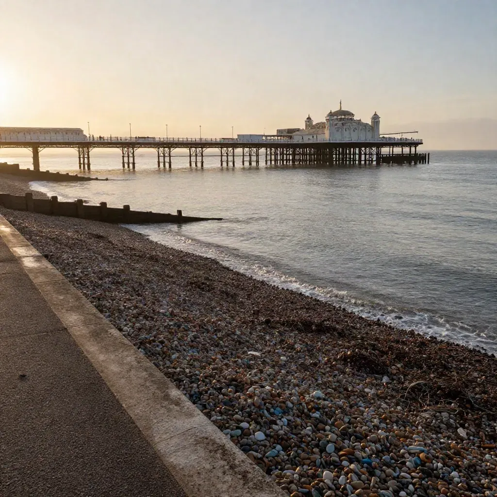 Golden-hour Brighton seafront with the pier high and shingle beach below