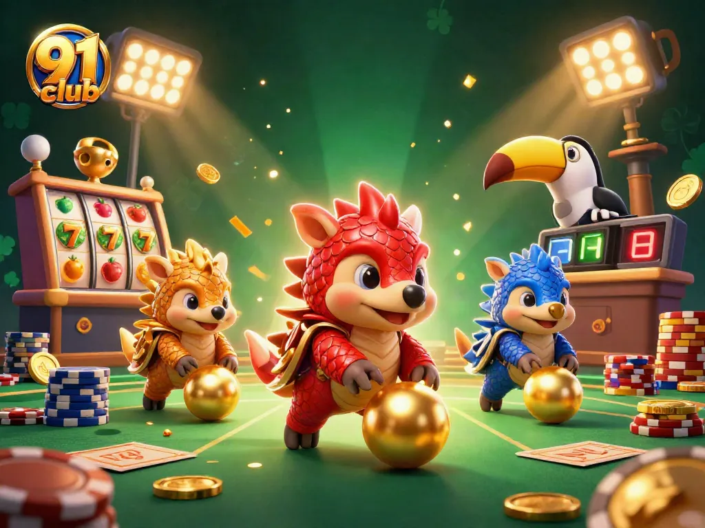 Engage with 91 club's vibrant gaming world featuring rivals competing among slot reels and golden coins.