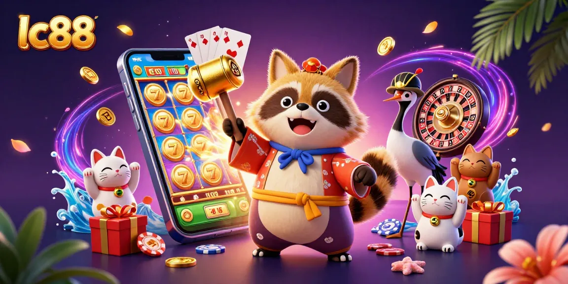 Play dynamic slots with lc88, featuring a cheerful tanuki, lucky symbols, and enriching gaming elements.