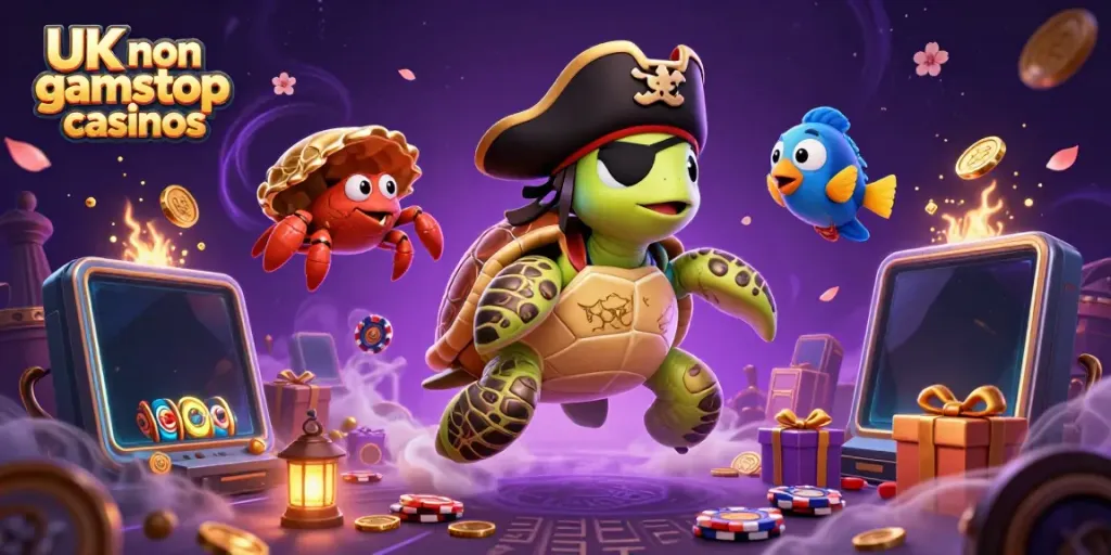 Engaging scene showing a colorful 3D pirate turtle and friends amidst UK non gamstop casinos treasures and games.