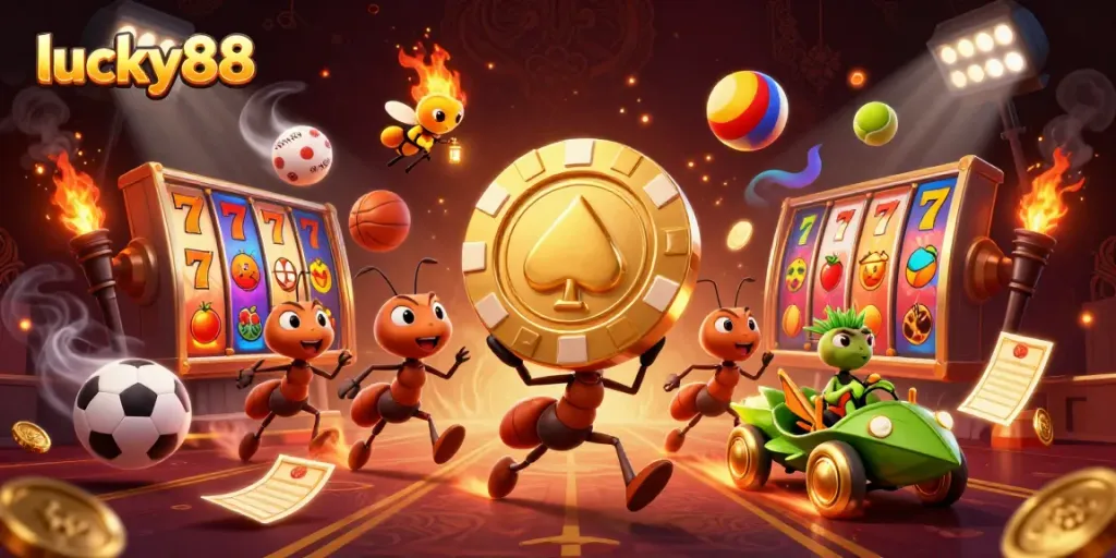 Experience the thrill of lucky88 with playful ants stealing a giant poker chip in a dynamic casino setting.