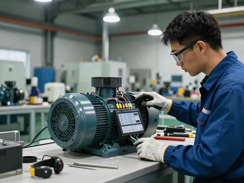Reparación y mantenimiento de motores eléctricos Venezuela, técnico inspeccionando un motor trifásico.