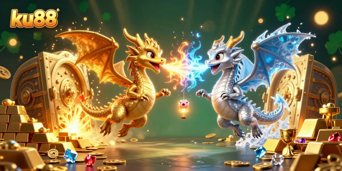 Experience thrilling winnings at ku88 with dynamic 3D dragons and a treasure-filled casino scene.