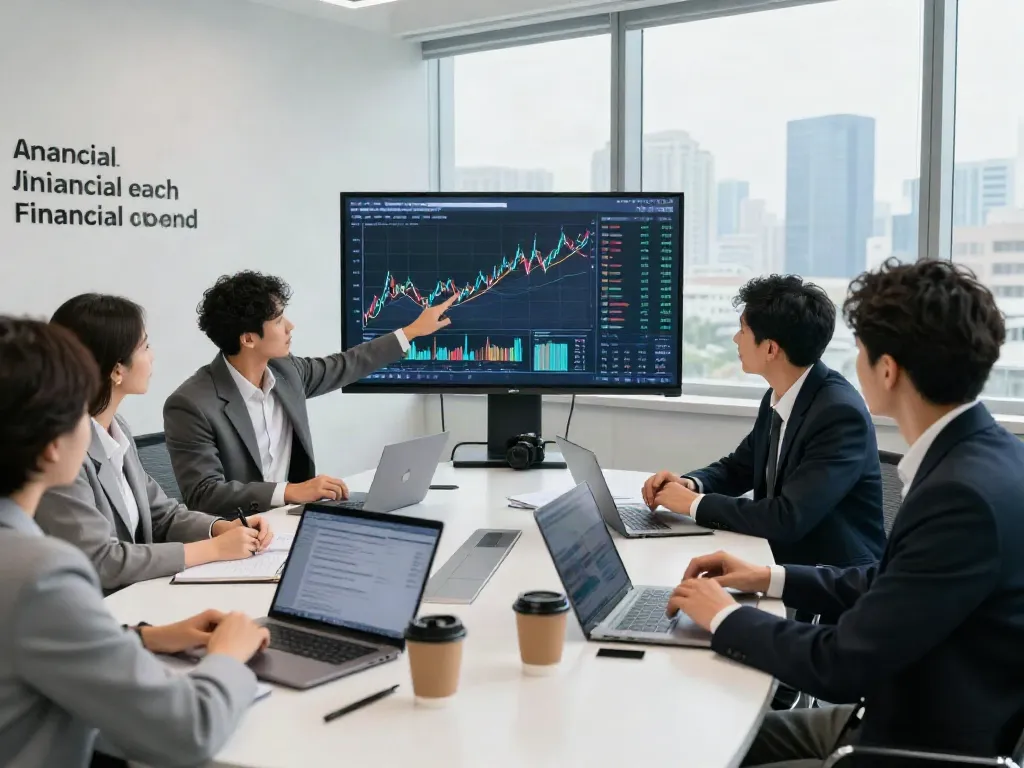 Team collaborating on financial intelligence strategies in a bright conference room, with data visuals on display.