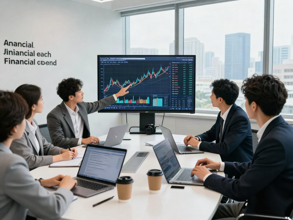 Team collaborating on financial intelligence strategies in a bright conference room, with data visuals on display.