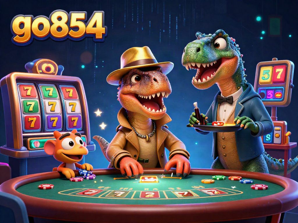 Go854 showcases a velociraptor card counter at a blackjack table surrounded by vibrant casino elements.