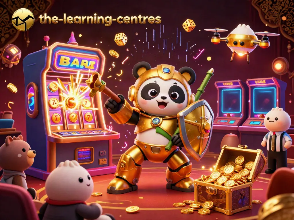 Engage in thrilling action at the-learning-centres with our vibrant 3D casino illustration featuring golden panda robots and dynamic game elements.
