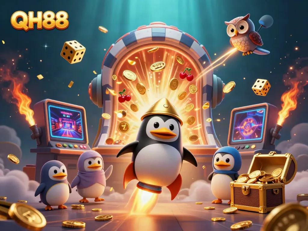 Experience the thrill of QH88 with a golden penguin racing to a casino station amidst vibrant jackpot elements.