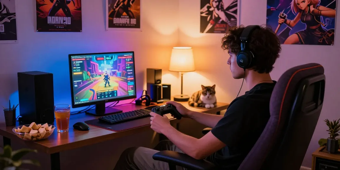 Enjoying an ero game in a cozy gaming room with snacks and colorful lights