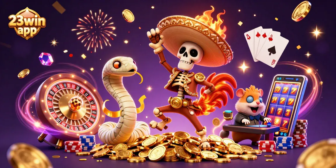 Experience the excitement of the 23win app with a vibrant casino-themed illustration featuring unique characters and games.