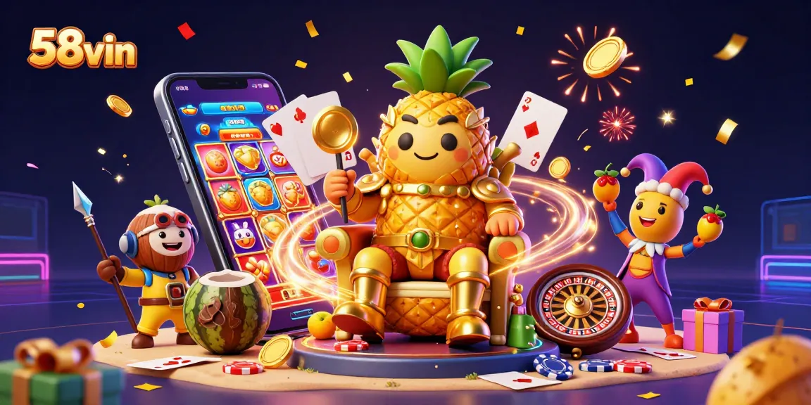 Engage with the vibrant world of 58vin at this tropical beach casino filled with gaming elements.